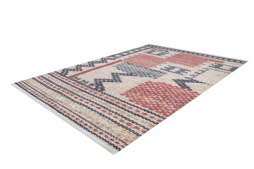 Bild 1 in Galerieansicht laden. The Boho Bliss - Washable Rug - JR1723 is a rectangular flat weave area rug with a geometric tribal pattern in red, blue, beige, and black. It features zigzags, stripes, and checkered designs and is shown on a white background.