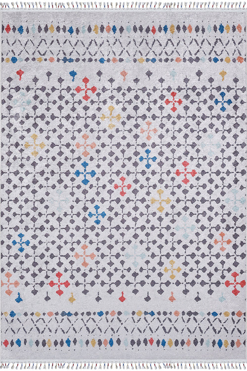 Load image 1 in gallery view. The Boho Breeze - Machine-Washable Rug (JR5011) features a rectangular flat weave with gray diamond patterns, colorful yellow, blue, and red accents, and fringed edges—combining style and practicality for any space.