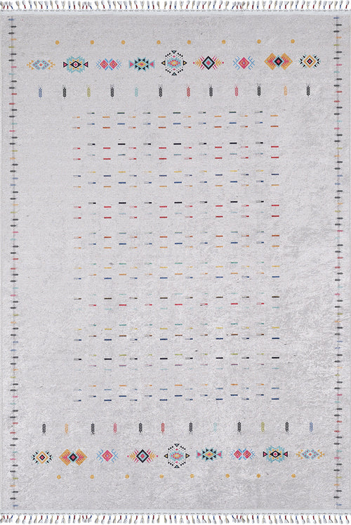 Load image 1 in gallery view. The Boho Chic - Washable Rug - JR5103 features a light gray rectangular design with small colorful geometric patterns, horizontal dashes, large diamond and arrow motifs on the borders, and short knotted fringe—ideal for high-traffic areas.