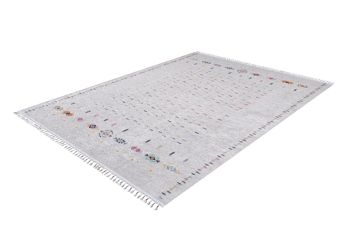 The Boho Chic - Washable Rug - JR5103 is a rectangular, light gray rug with multicolored geometric patterns, subtle small motifs, fringed edges, and a white background with scattered dots and shapes—ideal for high-traffic areas.