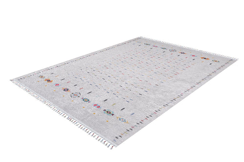 Load image 1 in gallery view. The Boho Chic - Washable Rug - JR5103 is a rectangular, light gray rug with multicolored geometric patterns, subtle small motifs, fringed edges, and a white background with scattered dots and shapes—ideal for high-traffic areas.