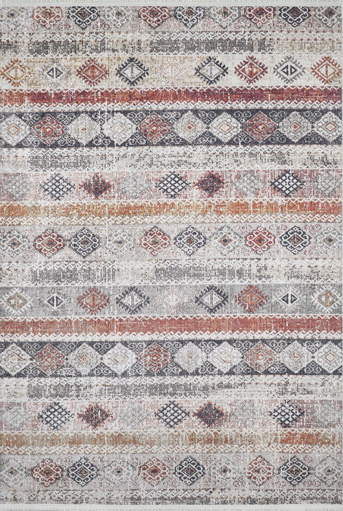 Bild 1 in Galerieansicht laden. The Boho Oasis - Washable Rug - JR1618 showcases rows of geometric diamonds and zigzags in earthy brown, orange, gray, and cream tones with a distressed woven texture—ideal for high-traffic areas.