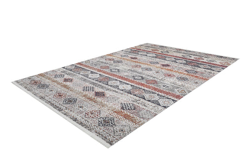 Bild 1 in Galerieansicht laden. The Boho Oasis - Washable Rug - JR1618 features a rectangular design with tribal geometric patterns in brown, rust, black, and cream with diamond motifs on a light background—ideal for high-traffic areas.