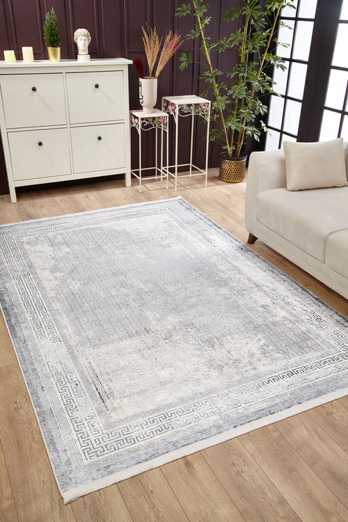 Load image 1 in gallery view. The Bold Borderline - Washable Rug - JR1984, in light gray-anthracite with a Greek key border, sits on a wooden floor in a modern living room with large windows, beige sofa, white cabinet, green plants, and decorative tables—perfect for high-traffic areas.
