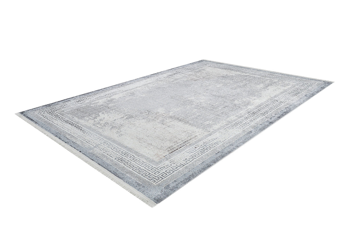 The Bold Borderline - Washable Rug - JR1984 is a rectangular gray-anthracite rug with a faded gray and white pattern and Greek key border, perfect for high-traffic areas. Shown on a white background.