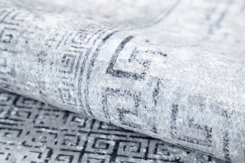 Load image 1 in gallery view. A close-up of the Bold Borderline - Washable Rug - JR1984 in gray-anthracite, featuring a subtle geometric Greek key pattern and soft texture—durable and stylish for high-traffic areas.