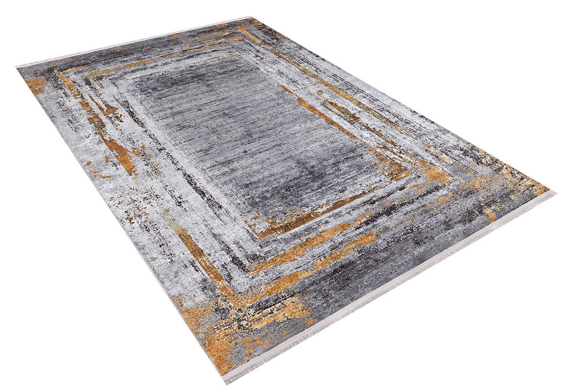 The Bold and Chic - Washable Rug - JR1198 is a rectangular flat weave with a modern abstract design in gray, black, and gold, featuring layered rectangle patterns and distressed textures—perfect for allergy-sensitive spaces.