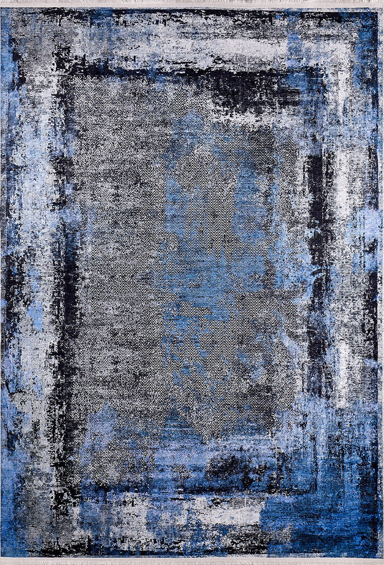 The Bold and Minimalist - Washable Rug - JR1229 is a rectangular rug in blue with an abstract, distressed pattern of blue, gray, and black color blocks—ideal for high-traffic areas thanks to its washable design.