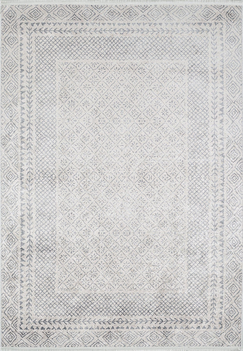 Load image 1 in gallery view. The Borderline Brilliance - Washable Rug - JR1987 features a large gray-anthracite base with light gray and white hues, a central diamond pattern, and geometric borders—an intricate, symmetrical rug ideal for high-traffic spaces.