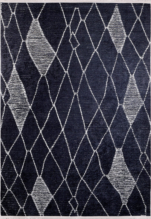 Load image 1 in gallery view. Byzantine Beauty - Washable Rug - JR1037: A washable black rug with an abstract white crisscross diamond pattern in various shapes and sizes, ideal for high-traffic areas.