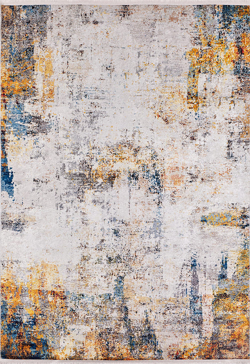 Load image 1 in gallery view. The Chromatic Kaleidoscope - Washable Rug - JR1483 features a distressed abstract pattern in yellow-gold with white, gray, blue, and orange accents, offering a textured, weathered look perfect for high-traffic areas.