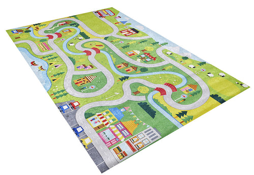 Bild 1 in Galerieansicht laden. The City Adventure - Machine-Washable Rug JRC039 is a colorful children’s play mat with a small town design, winding roads, buildings, and parks. Its flat weave ensures easy cleaning and durability—ideal for imaginative play.