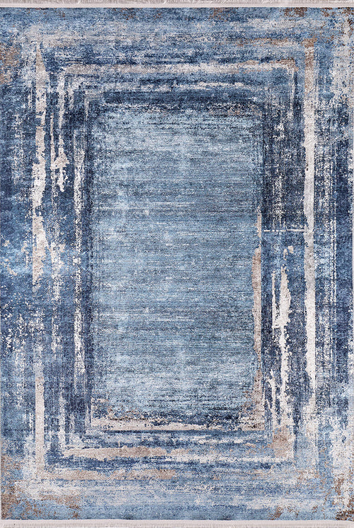 Bild 1 in Galerieansicht laden. The Classic Bordered - Washable Rug - JR1197 features layered rectangular patterns in blue, gray, and beige with a distressed look and irregular edges. It's perfect for high-traffic areas and allergy-sensitive homes.