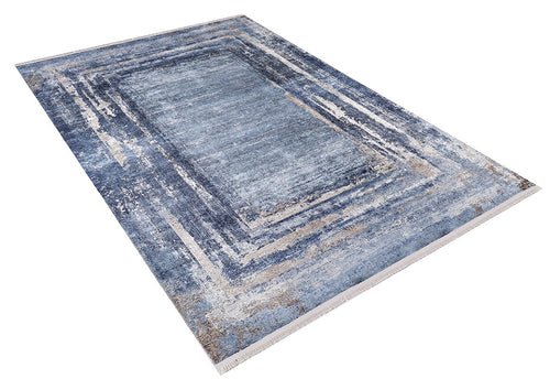 Bild 1 in Galerieansicht laden. The Classic Bordered - Washable Rug - JR1197 is a rectangular rug with a modern blue, gray, and beige design. It features layered rectangles, distressed details, and short fringes—perfect for high-traffic spaces.