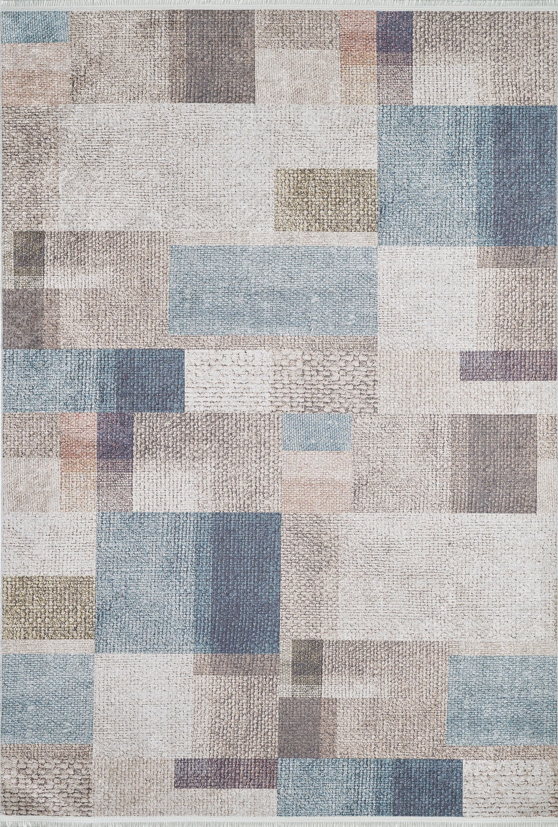 The Classic Check - Washable Rug - JR1955 features a modern geometric pattern with rectangles and squares in blue, beige, light brown, and gray on a neutral background—perfect for high-traffic areas and easy to clean.