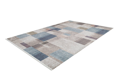 Load image 1 in gallery view. The Classic Check - Washable Rug - JR1955 features a geometric patchwork pattern in blue, beige, gray, and brown. This rectangular rug is ideal for high-traffic areas and is shown on a white background.
