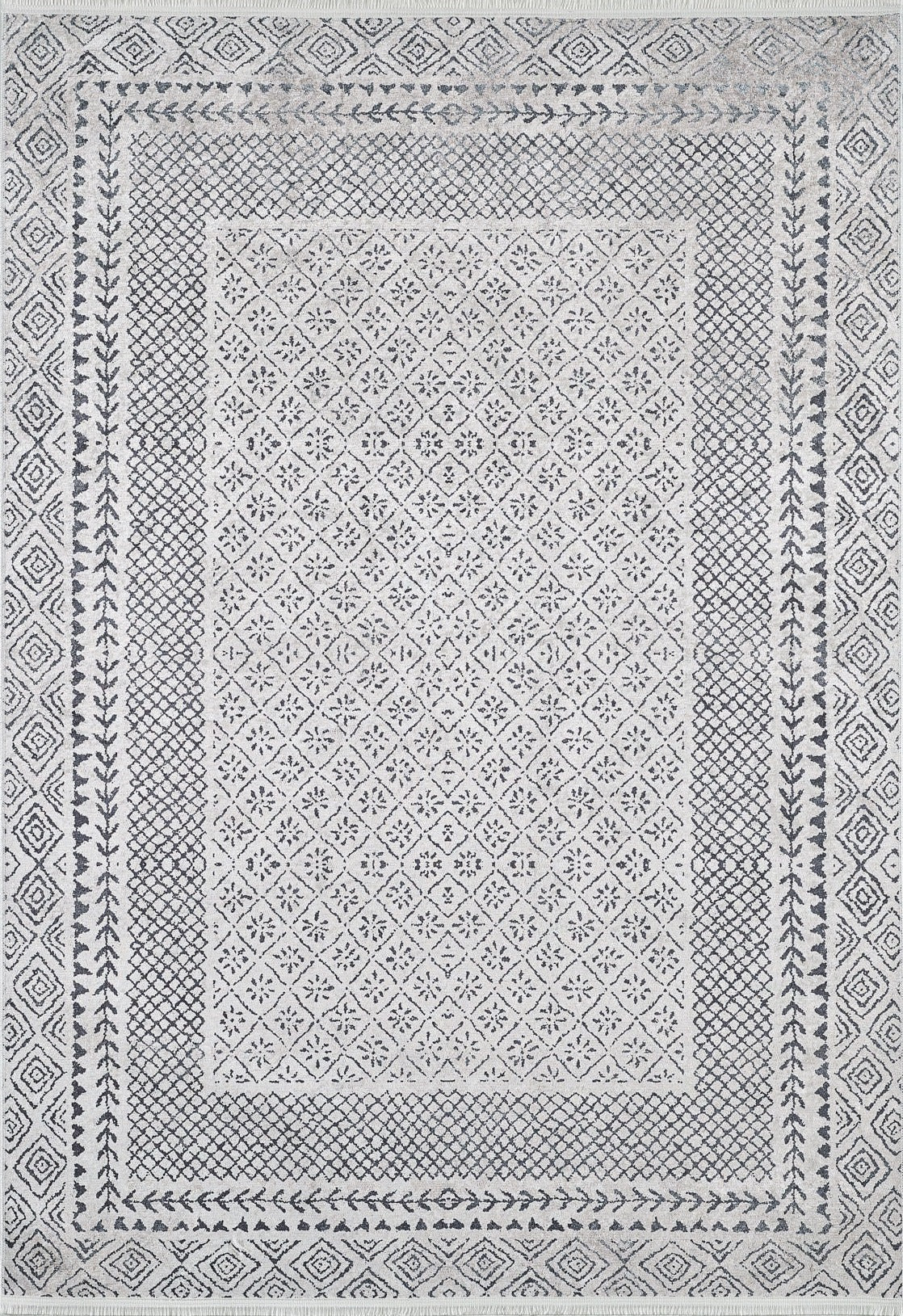 The Classic Contrast - Washable Rug - JR1985 is a durable gray-anthracite rug with detailed geometric patterns, including diamond and floral motifs in shades of gray and white, plus multiple decorative borders.
