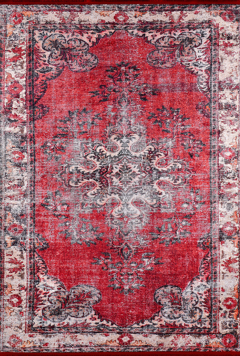 The Classic Revival - Washable Rug - JR1374 is a rectangular red rug with a faded vintage floral pattern in gray and white, ornate central medallion, and elaborate border—ideal for high-traffic areas.