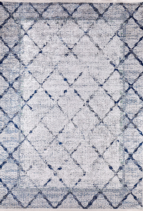 Load image 1 in gallery view. The Classic Trellis - Washable Rug - JR710 is a rectangular, flat weave rug with a white base and navy blue crisscross diamond pattern. Its distressed, textured look and vintage style make it ideal for contemporary living rooms.