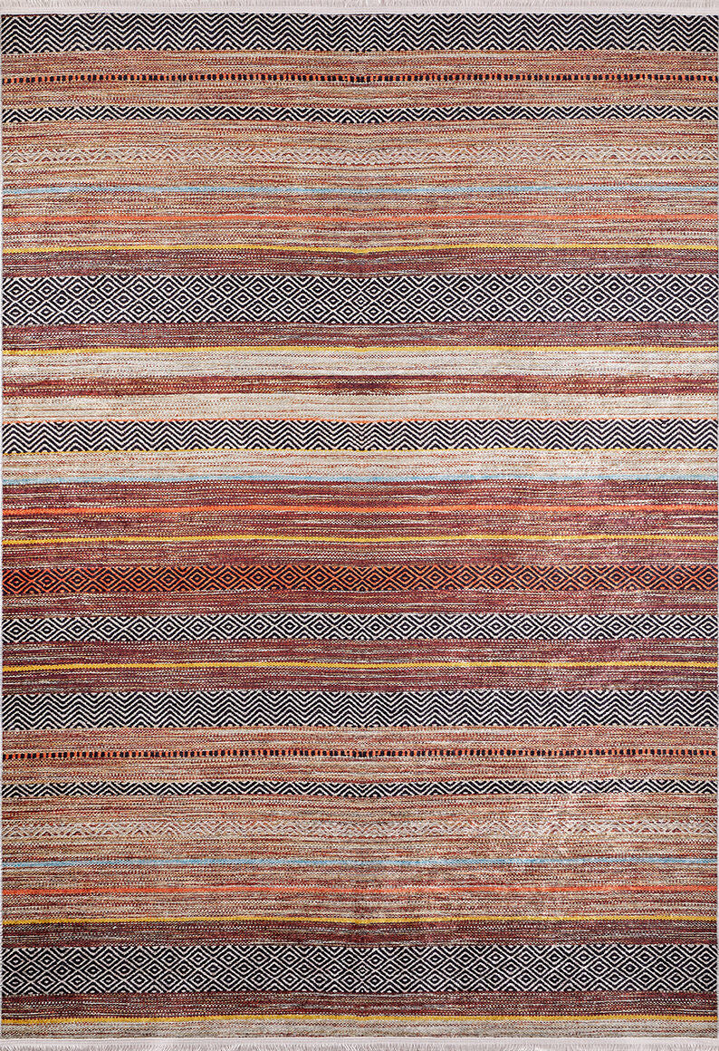 The Coastal Breeze - Washable Rug - JR1549 is a flatwoven, allergy-friendly rug with bronze and brown stripes, plus geometric and zigzag patterns—perfect for adding stylish flair to any home.