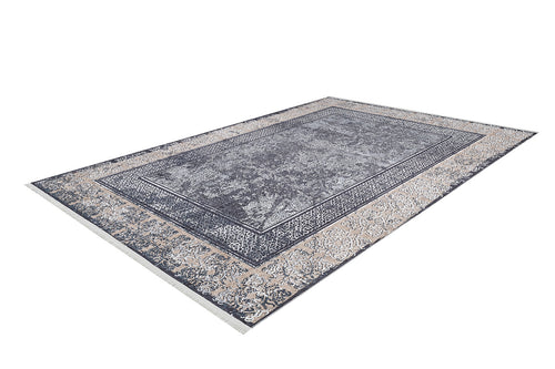 Bild 1 in Galerieansicht laden. The Contemporary Borderline - Washable Rug - JR1798 is a rectangular flat weave with an ornate, vintage-inspired dark blue and cream pattern, an intricate border, and a slightly distressed look.