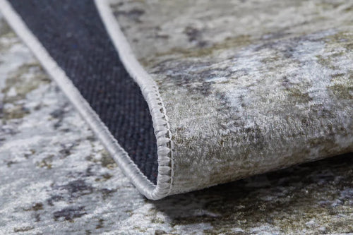Load image 1 in gallery view. A close-up of the Contemporary Canvas - Washable Rug - JR145 shows its detailed stitching, textured surface in grey, white, and greenish tones, and a dark, tightly woven underside—perfect for high-traffic areas.