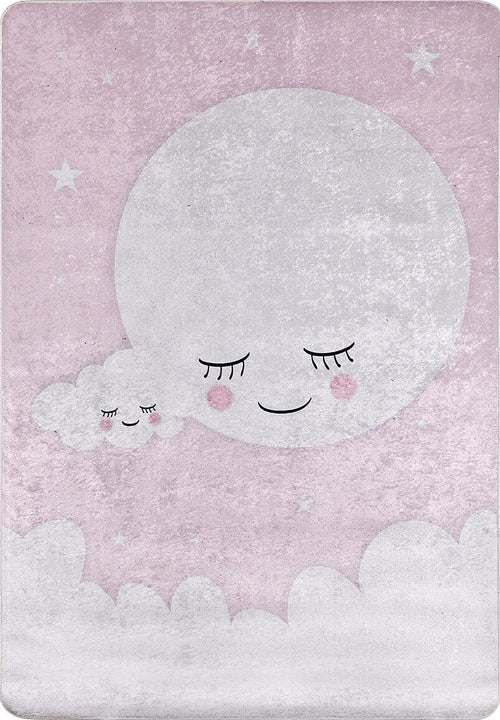 Load image 1 in gallery view. A pastel illustration of a smiling moon and cloud with rosy cheeks, surrounded by stars on pink, captures the cozy charm of the Cosmic Naptime - Machine-Washable Rug JRC032, perfect for creating a dreamy nursery atmosphere.