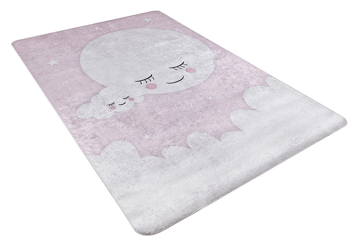 The Cosmic Naptime - Machine-Washable Rug JRC032 is a rectangular pastel purple flat weave rug with two smiling, sleepy cloud designs and stars on a soft background—perfect for adding charm to any room.
