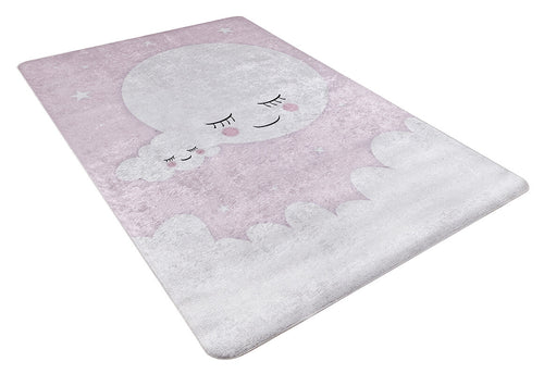 Load image 1 in gallery view. The Cosmic Naptime - Machine-Washable Rug JRC032 is a rectangular pastel purple flat weave rug with two smiling, sleepy cloud designs and stars on a soft background—perfect for adding charm to any room.