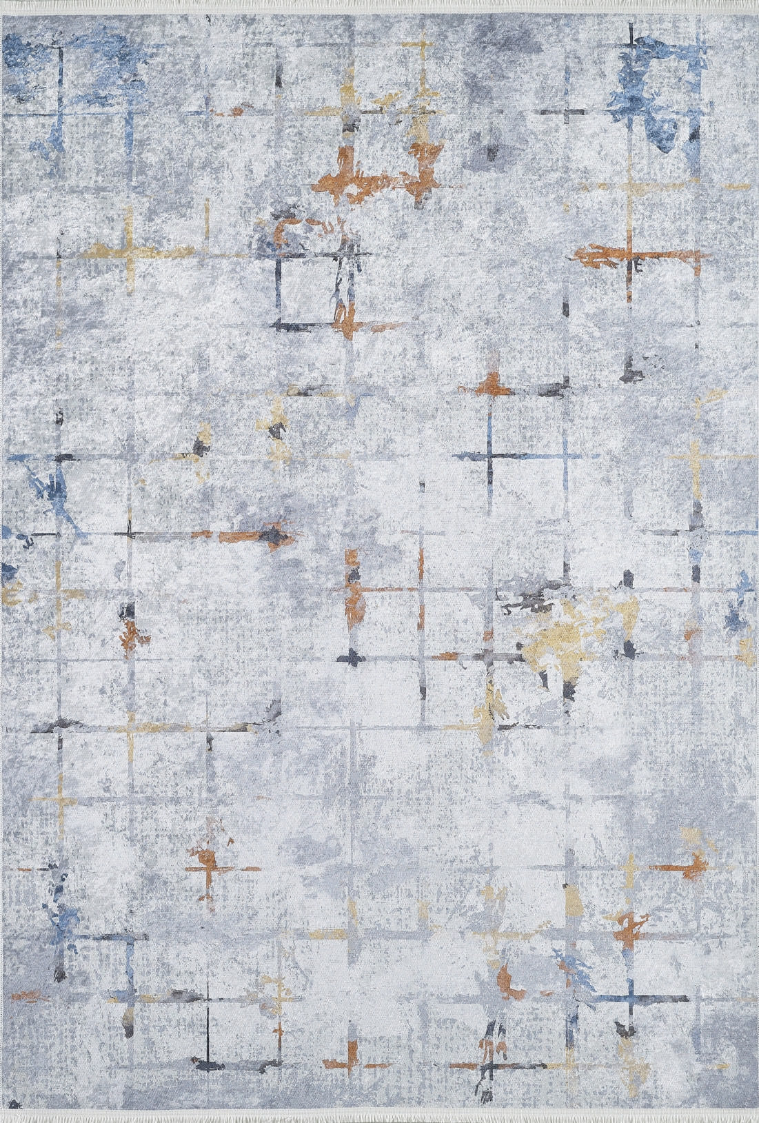 The Cross Country - Washable Rug - JR1753 features intersecting lines and patches of yellow, orange, blue, and gray on a light gray background with a textured, weathered look—perfect for high-traffic areas.