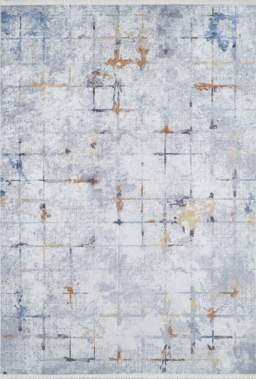 Bild 1 in Galerieansicht laden. The Cross Country - Washable Rug - JR1753 features intersecting lines and patches of yellow, orange, blue, and gray on a light gray background with a textured, weathered look—perfect for high-traffic areas.