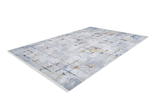 Bild 1 in Galerieansicht laden. The Cross Country - Washable Rug - JR1753 features a rectangular modern abstract design in shades of blue, gray, white, yellow, and brown. Easy to maintain and ideal for high-traffic areas, it's shown here against a white background.