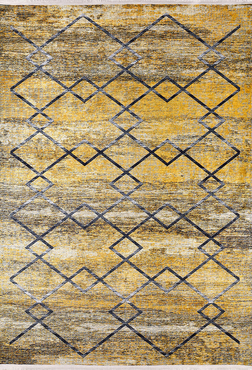 Load image 1 in gallery view. The Crossed Connections - Washable Rug - JR1181 features a yellow-gold base with a textured abstract pattern of interlocking black diamond shapes in vertical rows—ideal for high-traffic areas and easy to clean.