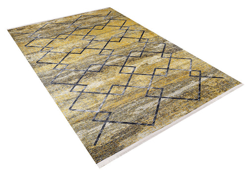 Load image 1 in gallery view. The Crossed Connections Washable Rug (JR1181) features a yellow-gold color with a gray textured background and abstract black intersecting lines forming diamond shapes. Durable and washable, it's ideal for high-traffic areas.