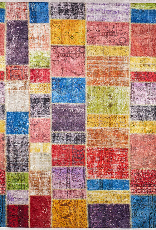 Load image 1 in gallery view. The Crosshatch Craze - Washable Rug - JR210 features bold multicolor rectangular sections with thin yellow borders. This vibrant, washable rug is ideal for high-traffic areas, adding both color and convenience to any space.