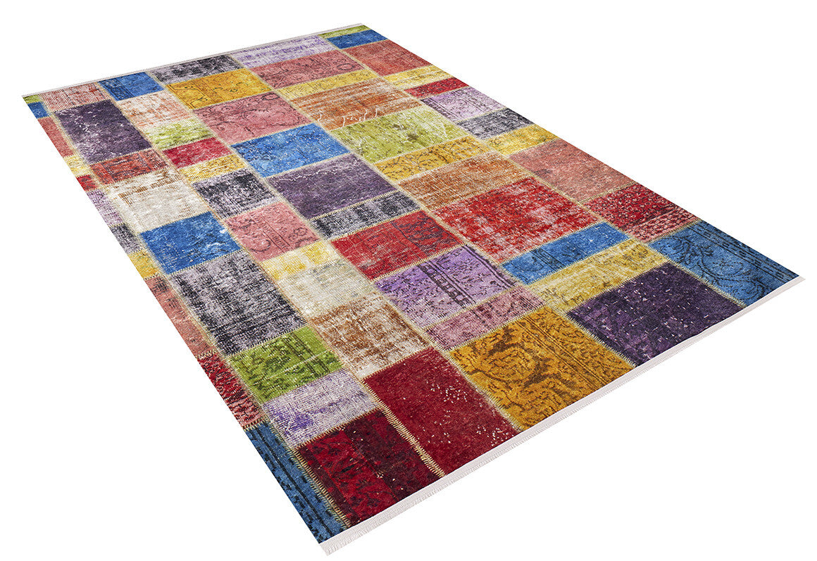 The Crosshatch Craze - Washable Rug - JR210 showcases a lively multicolor patchwork of rectangles on white, ideal for high-traffic spaces and easy to clean thanks to its washable design.