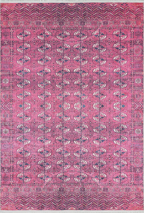 Load image 1 in gallery view. The Desert Dreamscape - Washable Rug - JR1940 is a large, soft pink rug with white, blue, and black geometric and floral patterns in rows and borders. Its symmetrical design adds a detailed, visually rich texture to any space.