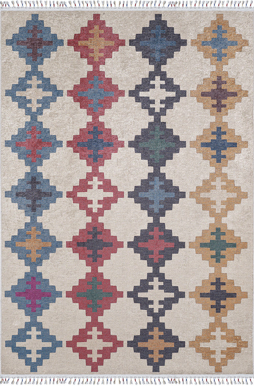 Load image 1 in gallery view. The Desert Mirage - Washable Rug (JR5033) features a flat weave design with four vertical rows of geometric diamond patterns in blue, red, yellow, and green on a beige background and has fringed edges at both ends.