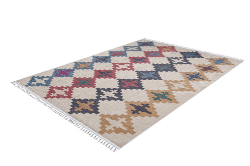 Load image 1 in gallery view. The Desert Mirage - Washable Rug - JR5033 features a rectangular flat weave with interlocking X-shapes in blue, red, and tan on a light background. Fringed edges on the short sides enhance its charm, and it's allergy-friendly.