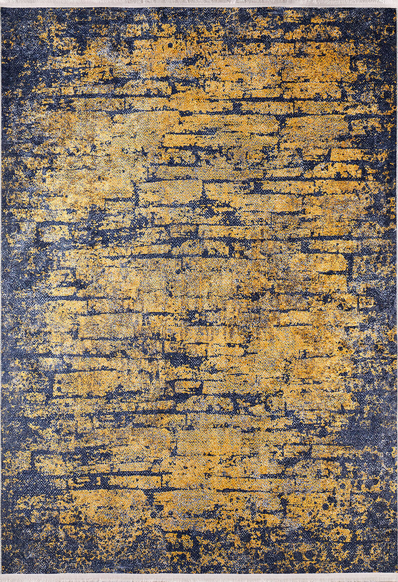 The Diagonal Dash - Washable Rug - JR1310 features a rectangular yellow-gold base with a distressed gold and dark blue pattern resembling weathered brick, offering an abstract look that's ideal for high-traffic areas.