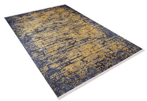 Load image 1 in gallery view. The Diagonal Dash - Washable Rug - JR1310 features a rectangular design with a dark blue background, abstract yellow-gold brush stroke pattern, and light fringes on the short edges—ideal for high-traffic areas.