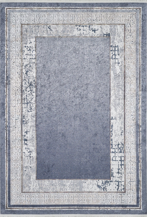Load image 1 in gallery view. The Dramatic Boundaries - Washable Rug - JR1810 features a rectangular blue design with a faded blue-gray center, worn off-white Greek key border, and distressed edges—perfect for high-traffic spaces needing vintage charm.