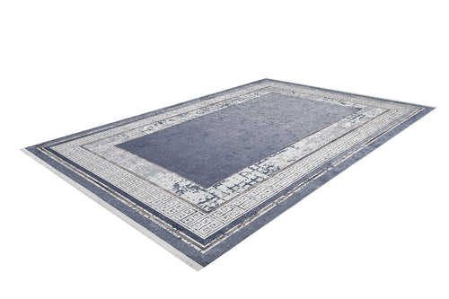 Load image 1 in gallery view. The Dramatic Boundaries - Washable Rug - JR1810 is a rectangular rug in blue and gray with a distressed texture, Greek key borders, and geometric designs—ideal for high-traffic areas. Shown on a white background.