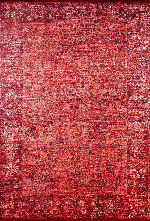 Load image 1 in gallery view. The Dynasty Dream - Washable Rug - JR160 is a rectangular red rug with a subtle oriental floral and vine border, featuring a slightly faded, textured center. It combines classic elegance with practical washable convenience.