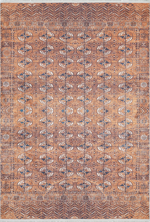 Load image 1 in gallery view. Earthy Enigma - Washable Rug - JR1937: Rectangular washable rug in warm brown, tan, and cream with geometric and floral patterns plus a detailed border. Durable and easy to clean—ideal for high-traffic areas.