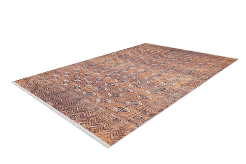 Load image 1 in gallery view. The Earthy Enigma - Washable Rug (JR1937) features geometric and floral patterns in brown, tan, rust, and orange with white fringes—ideal for high-traffic areas and shown on a white background.