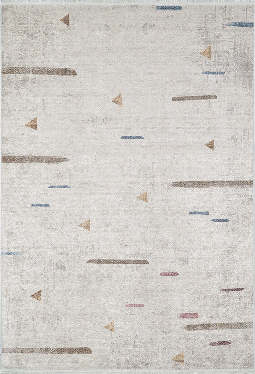 Load image 1 in gallery view. The Ebony Ivory - Washable Rug (JR1994) features a light, distressed texture with scattered geometric shapes in brown, tan, blue, and muted red. Its minimal modern design suits allergy-sensitive homes and high-traffic areas.