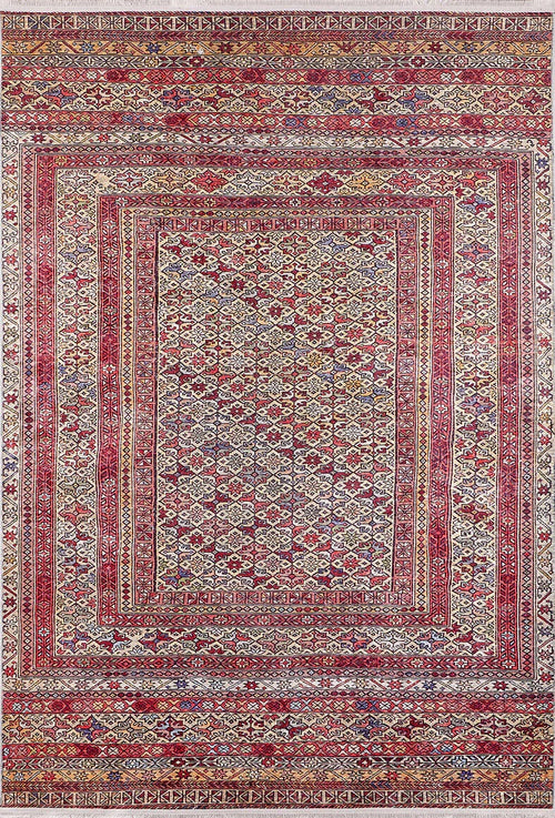 Load image 1 in gallery view. The Elegant Embellishments - Washable Rug - JR43 is a rectangular red rug with intricate white and blue geometric and floral patterns, multiple decorative borders, and a detailed central medallion—perfect for high-traffic areas.