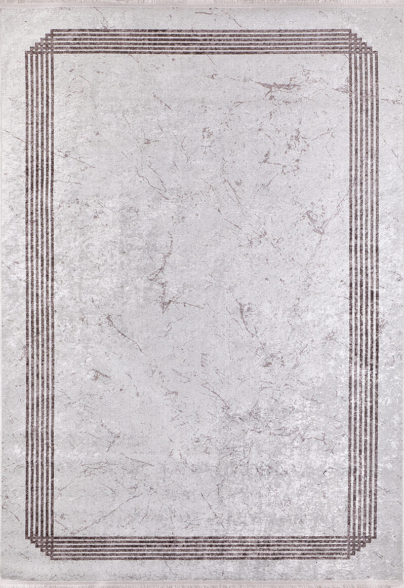The Elegant and Chic - Washable Rug - JR1509 features a light gray, marbled pattern with thin, dark rectangular borders—stylish, easy to clean, and ideal for high-traffic areas.