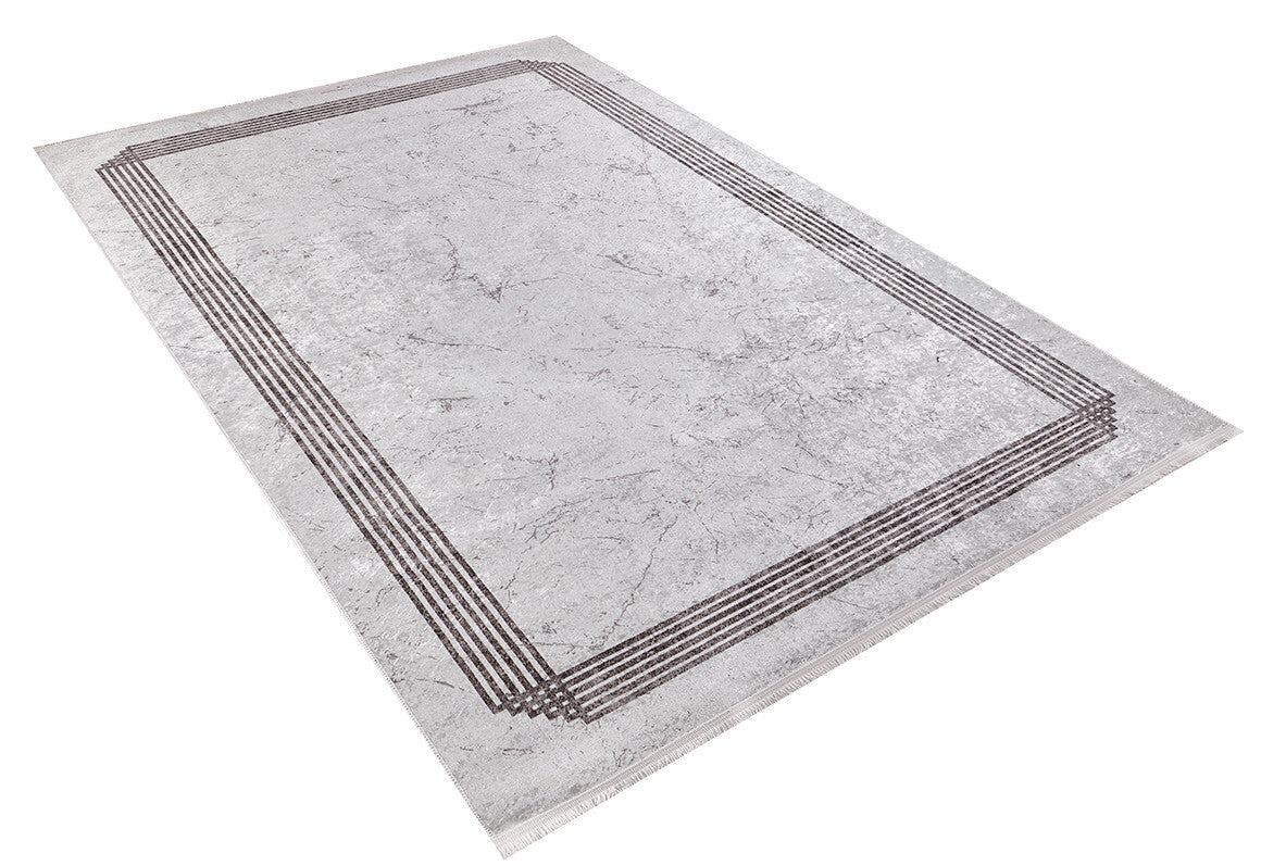 The Elegant and Chic - Washable Rug - JR1509 is a light gray, rectangular rug featuring a subtle marbled pattern and a dark triple-lined border, perfect for high-traffic areas. Displayed on a white background.
